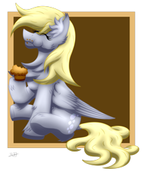 Size: 1359x1638 | Tagged: safe, artist:thebenalpha, derpy hooves, pegasus, pony, g4, ear fluff, eating, food, happy, muffin, simple background, sitting, transparent background, wings