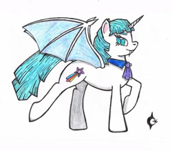 Size: 1457x1285 | Tagged: safe, artist:assertiveshypony, rainbow wishes, bat pony, pony, unicorn, vampire, vampire bat pony, g4, bat wings, clothes, drawing, fangs, female, race swap, simple background, slit pupils, species swap, traditional art, white background, wings