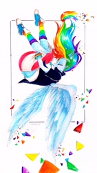 Size: 2141x3806 | Tagged: safe, artist:liaaqila, rainbow dash, human, equestria girls, g4, eyes closed, falling with style, female, flying, high res, humanized, marker drawing, ponied up, solo, spread wings, traditional art, wings