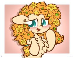 Size: 3250x2560 | Tagged: dead source, safe, artist:php142, pear butter, earth pony, pony, g4, bipedal, blushing, chest fluff, cute, female, flower, flower in hair, high res, mare, messy mane, open mouth, pearabetes, raised hoof, solo