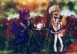 Size: 1908x1348 | Tagged: safe, artist:drakekok, oc, oc only, oc:cassiopeia, oc:takhisis, alicorn, pegasus, unicorn, anthro, unguligrade anthro, alicorn oc, blurry background, chair, choker, clothes, collar, cottagecore, couple, crossed legs, cup, cute, dragon wings, dress, duo, eyes closed, flower, food, garden, gloves, green eyes, horn, maid, mistress, nature, purple fur, rose, servant, stockings, table, tea, teapot, thigh highs, white mane, wings
