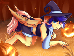 Size: 2000x1500 | Tagged: safe, artist:shadowreindeer, oc, oc only, oc:animatedpony, pegasus, anthro, unguligrade anthro, clothes, commission, female, halloween, hat, holiday, jack-o-lantern, pumpkin, scarf, solo, tongue out, witch hat, ych result