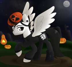 Size: 2127x1974 | Tagged: safe, artist:dyonys, oc, oc only, oc:motionless white, pegasus, pony, boots, chris cerulli, clothes, halloween, holiday, hoodie, jack-o-lantern, male, mask, moon, motionless in white, nightmare night, pants, pumpkin, shoes, solo, stallion, wings