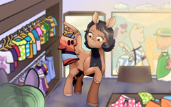 Size: 2001x1251 | Tagged: safe, artist:69beas, oc, oc only, oc:ravena, pegasus, pony, clothes, cloudsdale, dress, female, hat, mare, shopping, solo, store, unamused, wings