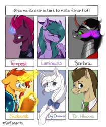 Size: 1080x1290 | Tagged: safe, artist:sugar0612, doctor whooves, king sombra, sunburst, tempest shadow, time turner, oc, oc:day dreamer, oc:luminauris, dracony, dragon, earth pony, hybrid, pony, unicorn, g4, :p, book, bow, broken horn, bust, curved horn, eyes closed, female, glasses, glowing horn, hair bow, horn, magic, male, mare, six fanarts, smiling, sombra eyes, sparking horn, stallion, telekinesis, tongue out, unicorn oc