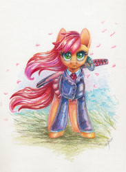 Size: 1200x1635 | Tagged: safe, artist:maytee, roseluck, earth pony, pony, g4, clothes, colored pencil drawing, katana, petals, solo, sword, traditional art, weapon