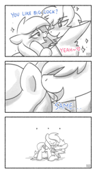 Size: 385x678 | Tagged: safe, artist:sugar morning, oc, oc only, oc:bizarre song, oc:sugar morning, pony, black and white, blushing, cape, clothes, comic, couple, female, gay in front of girls, grayscale, heart, implied gay, male, mare, monochrome, oc x oc, shipping, simple background, sparkles, stallion, straight, sugarre, text, white background