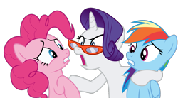 Size: 1334x736 | Tagged: safe, artist:sollace, derpibooru exclusive, pinkie pie, rainbow dash, rarity, earth pony, pegasus, pony, unicorn, g4, rarity takes manehattan, .svg available, bipedal, glasses, looking at you, looking away, open mouth, raised eyebrow, rarity's glasses, show accurate, simple background, svg, transparent background, trio, vector