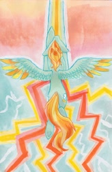 Size: 3672x5592 | Tagged: safe, artist:punkskunks, lightning dust, pegasus, pony, g4, female, flying, high angle, lightning, mare, painting, rainbow power, solo, spread wings, traditional art, wings