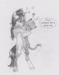 Size: 2123x2669 | Tagged: safe, artist:joestick, oc, oc only, earth pony, pony, bipedal, earth pony oc, heart, high res, hug, monochrome, standing on two hooves, thought bubble, traditional art