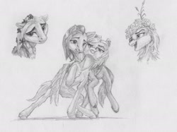 Size: 3000x2241 | Tagged: safe, artist:joestick, oc, oc only, earth pony, pegasus, pony, earth pony oc, high res, hug, looking at you, monochrome, nuzzling, pegasus oc, piercing, traditional art, winghug, wings