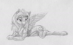 Size: 2011x1236 | Tagged: safe, artist:joestick, oc, oc:cloud-up, pegasus, pony, bedroom eyes, monochrome, pegasus oc, spread wings, traditional art, wings