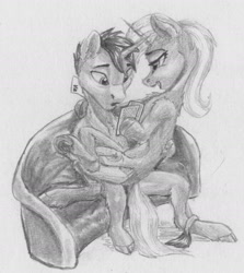 Size: 1626x1823 | Tagged: safe, artist:joestick, trixie, oc, pony, unicorn, g4, card, couch, horn, monochrome, sitting on lap, sitting on person, sitting on pony, traditional art, unicorn oc