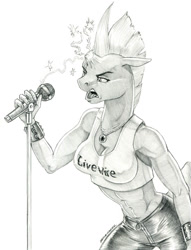 Size: 1000x1312 | Tagged: safe, artist:baron engel, tempest shadow, unicorn, anthro, unguligrade anthro, g4, breasts, busty tempest shadow, clothes, female, grayscale, heavy metal, leather pants, microphone, monochrome, open mouth, pants, pencil drawing, rock and roll, singing, solo, traditional art