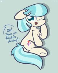 Size: 2560x3250 | Tagged: dead source, safe, artist:php142, coco pommel, earth pony, pony, g4, blue background, butt, chest fluff, cocobetes, cute, dock, ear fluff, female, hatbutt, high res, mare, missing accessory, one eye closed, open mouth, plot, simple background, solo, underhoof, wink