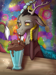 Size: 768x1024 | Tagged: safe, artist:delfinaluther, discord, draconequus, g4, abstract background, chaos, cute, discute, drinking, male, milkshake, solo