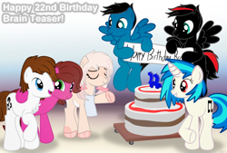 Size: 6894x4668 | Tagged: safe, artist:agkandphotomaker2000, dj pon-3, vinyl scratch, oc, oc:arnold the pony, oc:brain teaser, oc:daisy cakes, oc:pony video maker, oc:rose bloom, deer, deer pony, earth pony, original species, pegasus, pony, unicorn, g4, banner, birthday, birthday cake, birthday card, brainbloom, cake, candle, canon x oc, cart, female, flying, food, male, oc x oc, red and black mane, red and black oc, shipping, show accurate, simple background, straight, videoscratch
