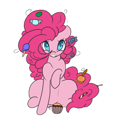 Size: 2042x2176 | Tagged: safe, artist:solardoodles, pinkie pie, earth pony, pony, g4, candy, candy cane, cupcake, food, high res, lollipop, simple background, sitting, smiling, solo, transparent background