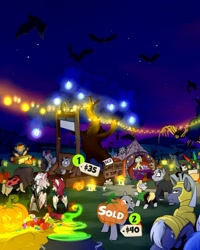 Size: 1280x1603 | Tagged: safe, artist:rutkotka, doctor whooves, granny smith, time turner, bat, ghost, pegasus, pony, spider, undead, unicorn, g4, bone, candle, candy, cauldron, commission, fireworks, food, funny, gravestone, guillotine, halloween, hay bale, holiday, jack-o-lantern, night, night sky, nightmare night, open, pumpkin, scarecrow, sky, slots, sword, tree, uncle fester, weapon, your character here