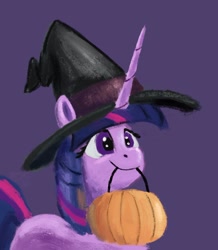 Size: 1120x1287 | Tagged: safe, artist:phutashi, twilight sparkle, pony, unicorn, g4, bust, clothes, costume, female, halloween, halloween costume, hat, holiday, horn, long horn, mare, mouth hold, pumpkin, pumpkin bucket, purple background, simple background, smiling, solo, three quarter view, unicorn twilight, witch hat
