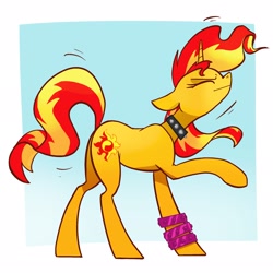 Size: 2048x2048 | Tagged: safe, artist:pfeffaroo, sunset shimmer, pony, unicorn, g4, bracelet, choker, dancing, eyes closed, female, floppy ears, high res, jewelry, mare, profile, punk, punkset shimmer, raised hoof, solo, spiked choker