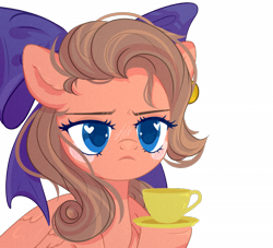 Size: 700x636 | Tagged: safe, artist:heidi, oc, oc only, oc:bolt t. sky, pegasus, pony, blush sticker, blushing, bow, bust, commission, cup, hair bow, heart eyes, hoof hold, pegasus oc, simple background, solo, teacup, transparent background, wingding eyes, wings, ych result