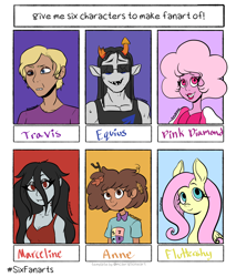 Size: 1700x2000 | Tagged: safe, artist:ramerooni, fluttershy, gem (race), human, pegasus, pony, vampire, g4, adventure time, amphibia, anne boonchuy, bust, clothes, crossover, dark skin, equius zahhak, female, homestuck, leaves, leaves in hair, male, marceline, mare, pink diamond (steven universe), sally face, school uniform, six fanarts, smiling, spoilers for another series, steven universe, stick, stick in hair, sunglasses, travis phelps, troll (homestuck)
