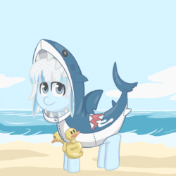 Size: 800x800 | Tagged: safe, artist:shrimpshogun, original species, pony, shark, shark pony, a, animated, beach, gawr gura, gif, hololive, hololive eng, images you can hear, ocean, open mouth, ponified, sand, shark costume, solo, text, vtuber, water wings