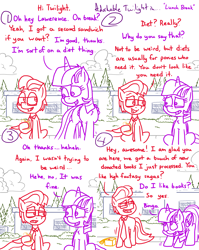 Size: 4779x6013 | Tagged: safe, artist:adorkabletwilightandfriends, twilight sparkle, oc, oc:lawrence, alicorn, earth pony, pony, comic:adorkable twilight and friends, g4, adorkable, adorkable twilight, blushing, book, break, comic, compliment, complimenting, conversation, cute, diet, dork, female, food, getting up, glasses, kindness, library, lunch, lunch break, lunchbox, mare, necktie, outdoors, overcast, sandwich, simple, sitting, slice of life, that pony sure does love books, twilight sparkle (alicorn)