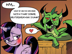Size: 642x482 | Tagged: safe, artist:andy price, edit, idw, blacktip, twilight sparkle, alicorn, dragon, pony, g4, spoiler:comic61, blushing, comic, female, heart, male, shipping, smuglight sparkle, speech bubble, straight, text, text edit, twilight sparkle (alicorn), twitip