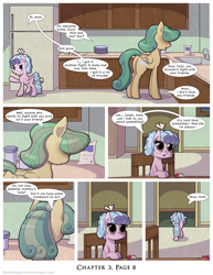 Size: 1200x1552 | Tagged: safe, artist:deusexequus, cozy glow, pegasus, pony, comic:fix, g4, backstory, chair, comic, cozy glow's mother, female, floppy ears, freckles, juice, juice box, kitchen, mother and child, mother and daughter, speech bubble