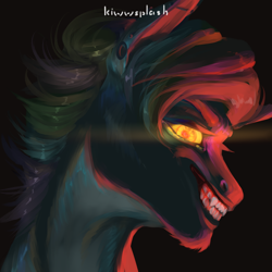 Size: 3000x3000 | Tagged: safe, artist:kiwwsplash, oc, oc only, earth pony, pony, black background, bust, earth pony oc, glowing eyes, grin, high res, male, simple background, smiling, solo, stallion