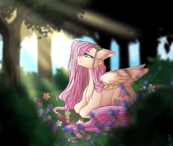Size: 1548x1308 | Tagged: safe, artist:punkskunks, fluttershy, pegasus, pony, g4, crepuscular rays, cute, flower, forest, shyabetes, solo, tree