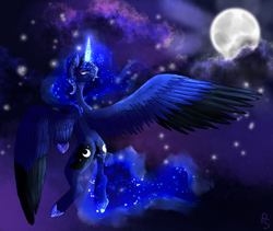 Size: 1548x1308 | Tagged: source needed, safe, artist:punkskunks, princess luna, alicorn, pony, g4, female, full moon, glowing horn, hoof shoes, horn, mare, moon, night, solo, two toned wings, wings