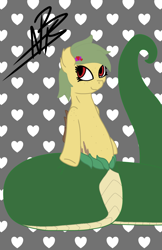 Size: 1200x1848 | Tagged: safe, artist:shappy the lamia, oc, oc only, oc:shappy, earth pony, lamia, original species, pony, brooch, female, heart, mare, scales, solo, yellow