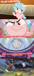 Size: 1022x2306 | Tagged: safe, edit, edited screencap, screencap, cozy glow, lord tirek, centaur, pegasus, pony, frenemies (episode), g4, school raze, the beginning of the end, antagonist, arms, bow, bracer, campfire, caption, chestplate, cloven hooves, colored hooves, comic, cozy glow is best facemaker, crazy face, evil laugh, faic, funny, headcanon, horns, image macro, laughing, male, nose piercing, nose ring, piercing, plushie, screencap comic, septum piercing, shrug, solo, text, theory, what if