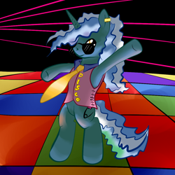 Size: 1000x1000 | Tagged: safe, artist:snus-kun, pokey pierce, pony, unicorn, g4, clothes, dancing, digital art, disco, glasses, hooves, horn, looking at you, male, solo, stallion, standing, tail