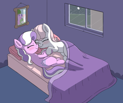 Size: 1184x995 | Tagged: safe, artist:heretichesh, diamond tiara, oc, oc:lyrabop, earth pony, pony, g4, bed, blushing, bust, canon x oc, cuddling, cute, duo, female, filly, hoof hold, in bed, moon, night, pillow, portrait, scrunchy face, sheet, shipping, smiling, tree, window