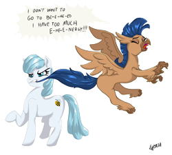 Size: 1024x922 | Tagged: safe, artist:ghouleh, oc, oc only, oc:sola, oc:victorie, bee, earth pony, hippogriff, insect, pony, biting, dragging, female, flying, inktober, simple background, tail bite, transparent background, whining