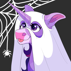 Size: 1000x1000 | Tagged: safe, artist:uunicornicc, twilight sparkle, pony, spider, g4, clothes, costume, cute, female, ghost costume, halloween, halloween costume, heart eyes, holiday, mare, solo, spider web, tongue out, twiabetes, wingding eyes