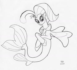 Size: 1280x1156 | Tagged: safe, artist:abronyaccount, princess skystar, seapony (g4), g4, my little pony: the movie, black and white, female, grayscale, ink drawing, inktober, inktober 2020, mare, monochrome, signature, solo, traditional art
