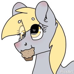 Size: 600x600 | Tagged: safe, artist:valkiria, derpibooru exclusive, derpy hooves, pegasus, pony, g4, animated, cute, derpabetes, ear fluff, eating, female, food, gif, mare, muffin, nom, simple background, solo, white background