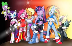 Size: 1112x718 | Tagged: safe, artist:tinker-tock, idw, applejack, fluttershy, pinkie pie, rainbow dash, rarity, spike, twilight sparkle, dragon, earth pony, pegasus, unicorn, anthro, g4, amy rose, archie comics, boots, breasts, bunnie rabbot, busty applejack, busty fluttershy, busty mane six, busty pinkie pie, busty rainbow dash, busty rarity, busty twilight sparkle, cleavage, crossover, eyes closed, high heel boots, high heels, latex, line-up, looking offscreen, male, mane seven, mane six, mashup, miles "tails" prower, rouge the bat costume, rubber, sally acorn, sega, shoes, sonic dash, sonic the hedgehog, sonic the hedgehog (series), sonicified, whisper the wolf, winged spike, wings