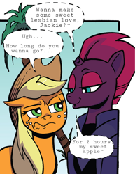 Size: 836x1084 | Tagged: safe, artist:andy price, edit, idw, official comic, applejack, fizzlepop berrytwist, tempest shadow, earth pony, pony, unicorn, g4, season 10, spoiler:comic90, applejack is not amused, broken horn, dialogue edit, female, horn, implied lesbian, implied sex, mare, unamused