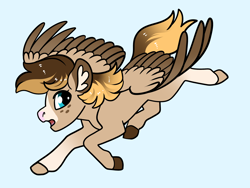 Size: 2800x2100 | Tagged: safe, artist:loryska, oc, oc only, pegasus, pony, blue background, high res, male, offspring, parent:derpy hooves, parents:canon x oc, simple background, solo, stallion, two toned wings, wings