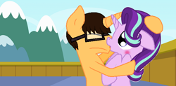 Size: 640x314 | Tagged: safe, artist:starlightglimmerfan1, starlight glimmer, oc, oc:brandon, g4, branglimmer, canon x oc, kissing, shipping