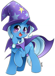 Size: 1000x1398 | Tagged: safe, artist:nekoshiei, artist:ramivic, part of a set, trixie, pony, unicorn, g4, blushing, cape, cloak, clothes, commission, confident, cute, diatrixes, female, hat, looking at you, magician outfit, manga style, mare, open mouth, raised hoof, simple background, smiling, solo, trixie's cape, trixie's hat, watermark, white background