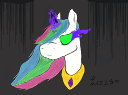 Size: 664x495 | Tagged: safe, artist:draw4lolz, princess celestia, alicorn, pony, g4, color change, corrupted, corrupted celestia, dark magic, darkened hair, female, gray background, magic, peytral, possessed, simple background, solo, sombra eyes, stray strand