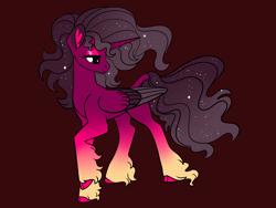 Size: 2800x2100 | Tagged: safe, artist:loryska, oc, oc only, alicorn, pony, cloven hooves, female, high res, mare, offspring, parent:king sombra, parent:princess cadance, parents:somdance, raised hoof, red background, simple background, solo, unshorn fetlocks