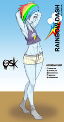 Size: 984x1860 | Tagged: safe, artist:oldskullkid, part of a set, rainbow dash, equestria girls, g4, abs, arm behind head, belly button, clothes, hair over one eye, looking at you, pajamas, piercing, solo